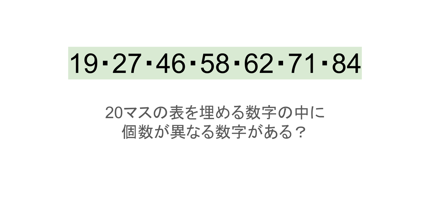 【脳トレ】5×4の表に書かれた7種の数字「19・27・46・58・62・71・84」。他の数字は3つずつ表を埋めているのに・・1種だけ2つしかない！？その数字はどれだ？？