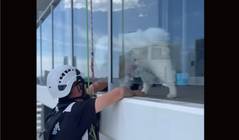 掃除中なのに作業の手が止まっている高所清掃作業員。中断していた理由は、ガラスの向こうに！！【海外・動画】