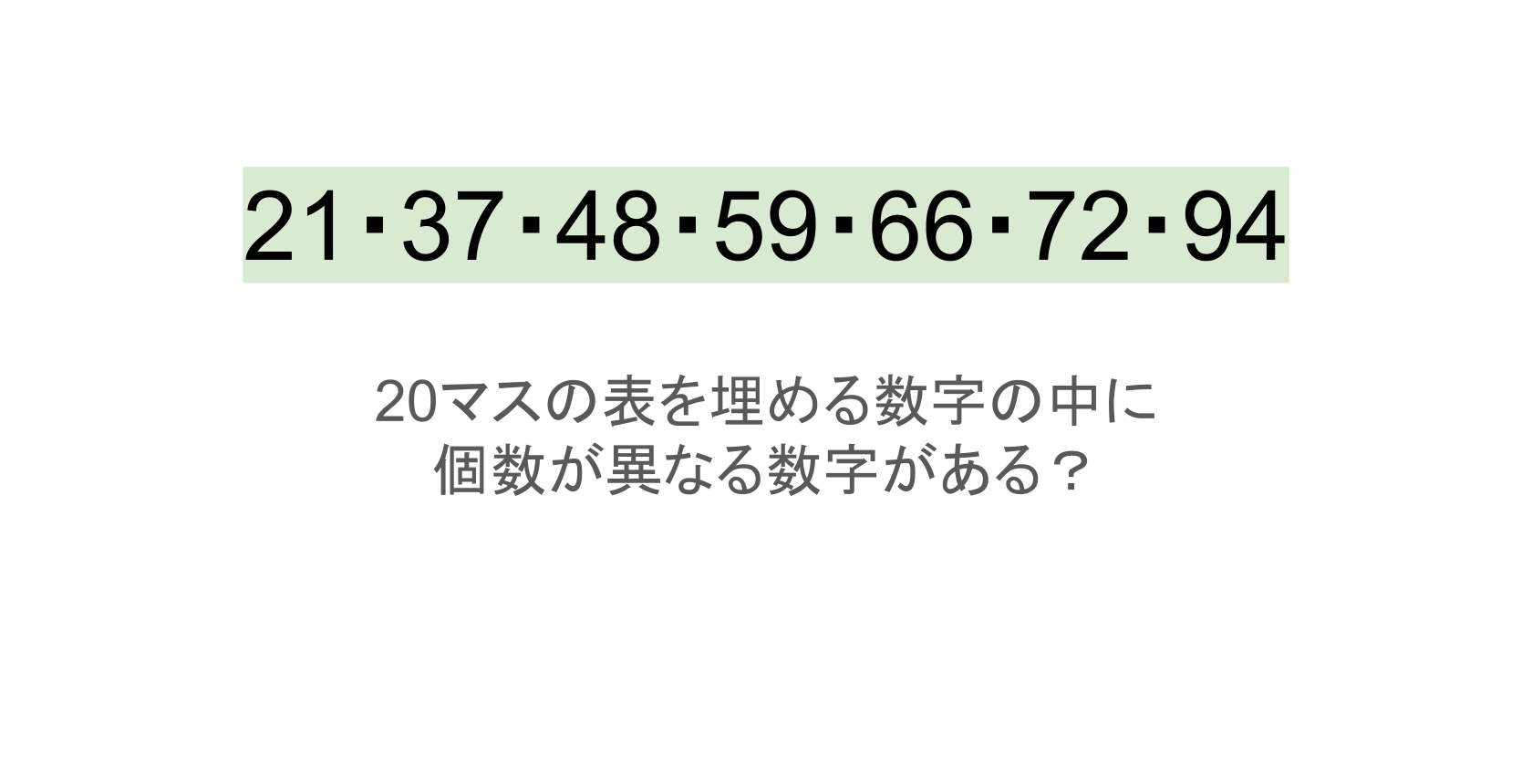 【脳トレ】5×4の表に書かれた7種の数字「21・37・48・59・66・72・94」。他の数字は3つずつ表を埋めているのに・・1種だけ2つしかない!?その数字はどれだ??