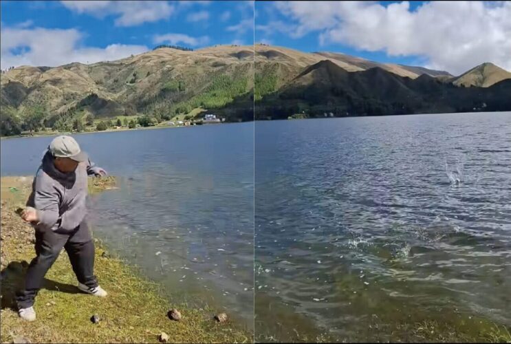 イイところを見せようとしたパパにハプニング！小石を投じて水切りを披露した直後！！【海外・動画】